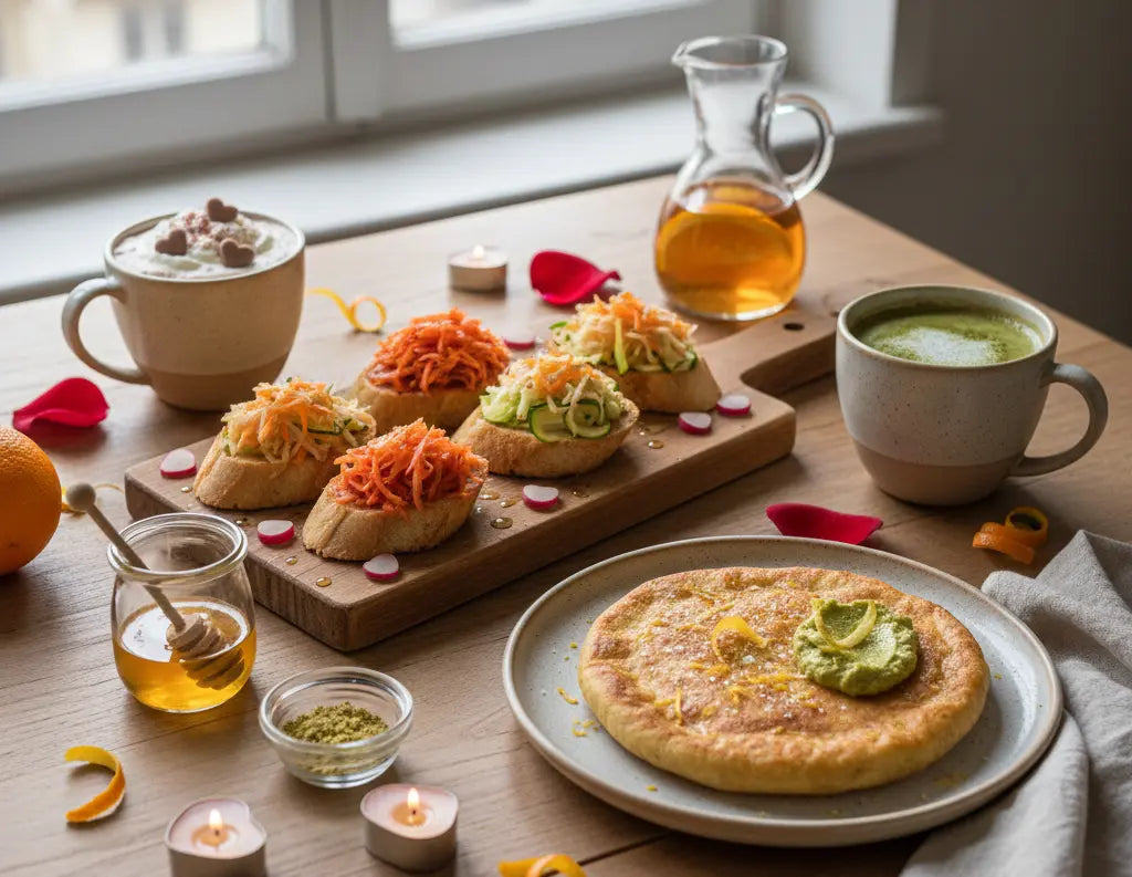 Egy asztalon egészséges, színes zöldséges ételek vannak. Hátul egy bögrében forró csoki tejszínhabbal és szívecske formacukorral, oldalt egy világos bögrében matcha.