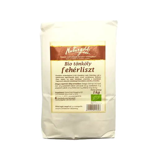 Naturgold bio tönkölyfehérliszt, fehér csomagolásban, 1 kg-s kiszerelésben. 