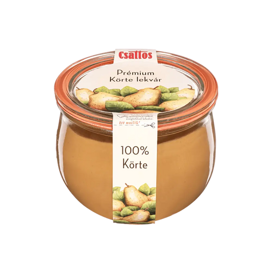 Csattos körtelekvár, vilmos körteszínű lekvárral, átlásztó üvegben. 