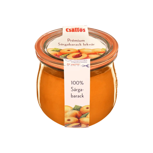 Csattos sárgabarack lekvár, átlásztó üvegben. A levár színe élénk sárgabarack színű, a csomagolás ízléses és hagyományos. 