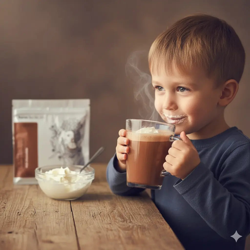 Egy szőke kisfiú tejcsokis forrócsokit iszik, tejszínhabbal egy asztalon. A szája tejszínhabos. 