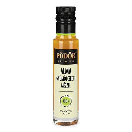 Pödör alma gyümölcsecet mézzel látható a képen. Az ecet színe aranyszínű, szép és tiszta. A címek színe krém, fekete feliarttal látszik "Alma gyümölcsecet mézzel" felirat. 